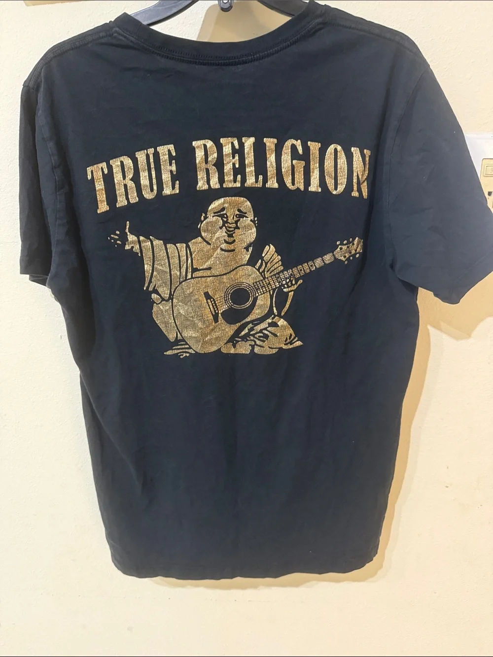 True Religion Black T-Shirt with Gold Graphic Buddha Guitar